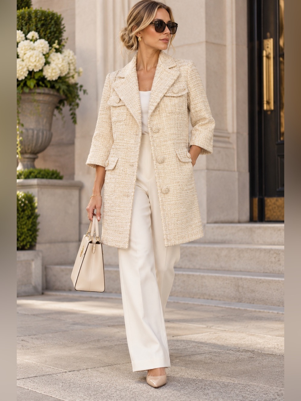 Banana Republic XS Ivory Gold Metallic Tweed Coat 3/4 Sleeve Wedding Office Fall